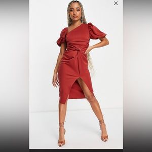 Classy Asymmetric Puff Sleeve Midi Dress